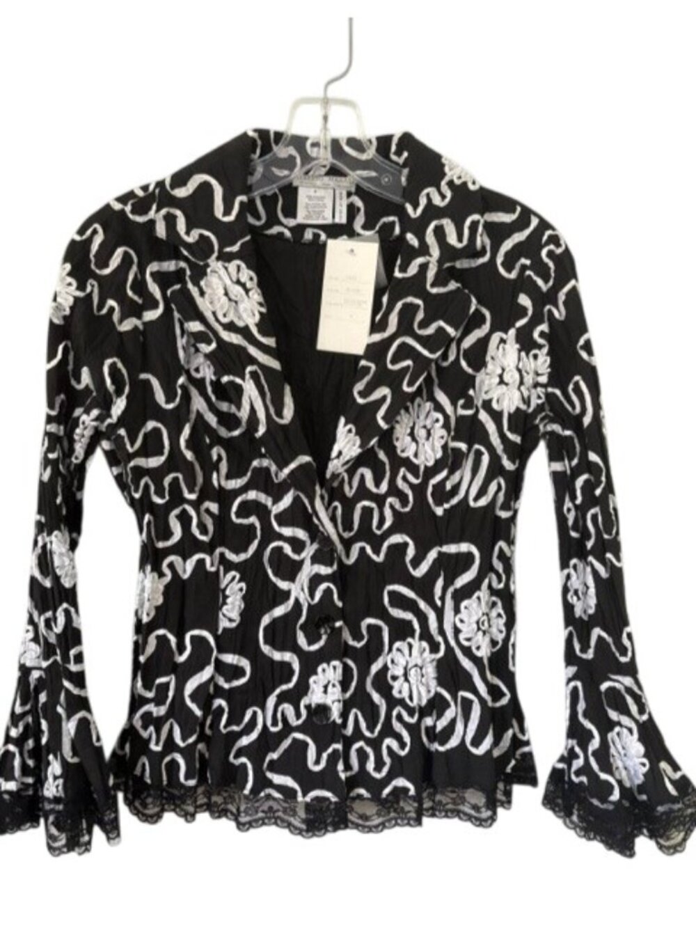 Alberto Makali Black & White Abstract Crinkle Jacket Lace Hem Size 8 NWT Vintage